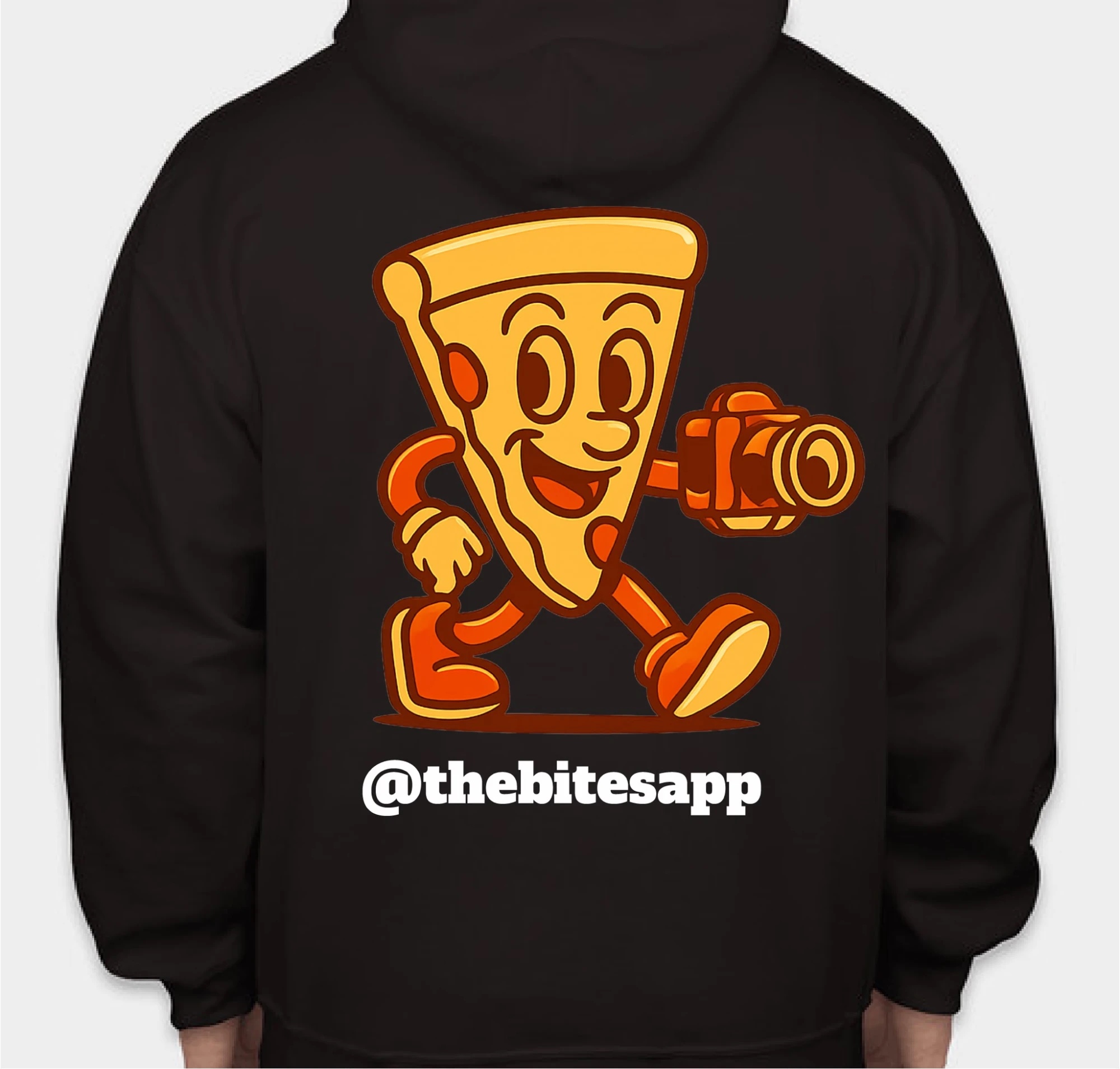 Bites hoodie back — pizza mascot with camera and @thebitesapp