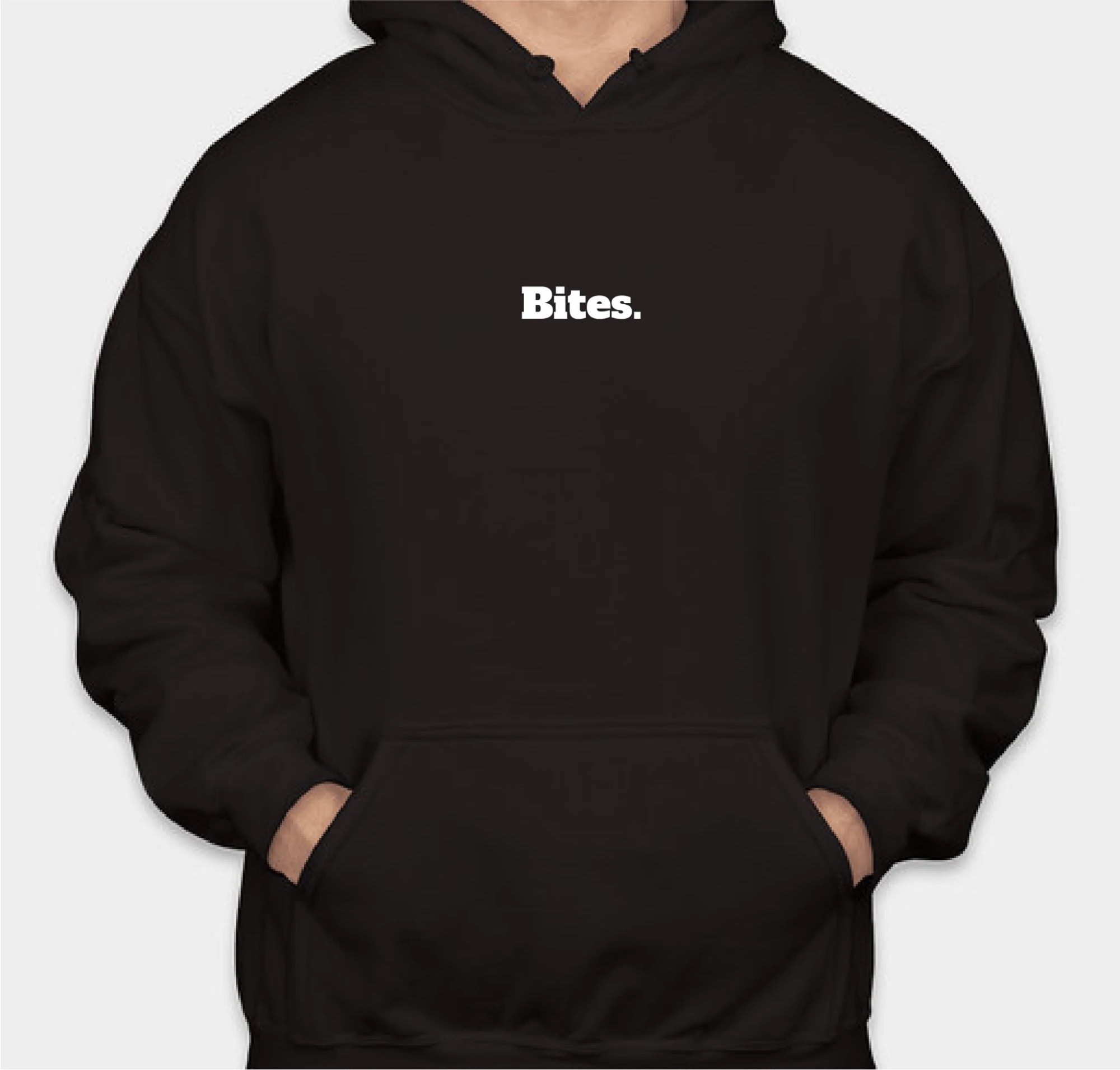 Bites hoodie front — black with white Bites. logo